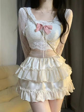 Japanese Lolita Kawaii 3 Piece Set Women Lace Sweet Party Cake Skirt Suit Female Bow Elegant Hight Waist Skirts Suit Summer